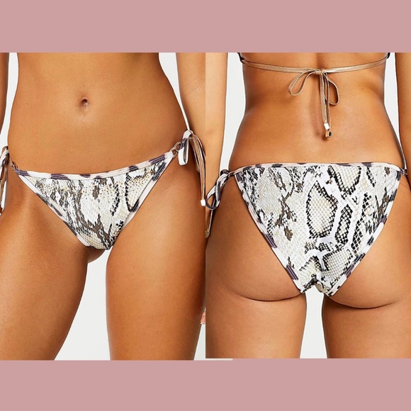 NEW RIVER ISLAND [ 12‎ US ] Glam Snake Side Tie Bikini Bottoms In Light Beige - Picture 1 of 12
